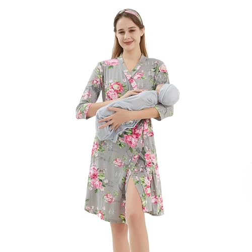 Image of Galabloomer Maternity Robe and Receiving Blanket, Matching Mommy Labor Delivery Robe and Swaddle Set Leopard