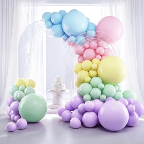 Image of RUBFAC 129pcs Pastel Balloons Different Sizes 18 12 10 5 Inch, Macaron Rainbow Easter Balloon Arch Kit for Baby Shower Birthday Party Gender Reveal Garland Decoration