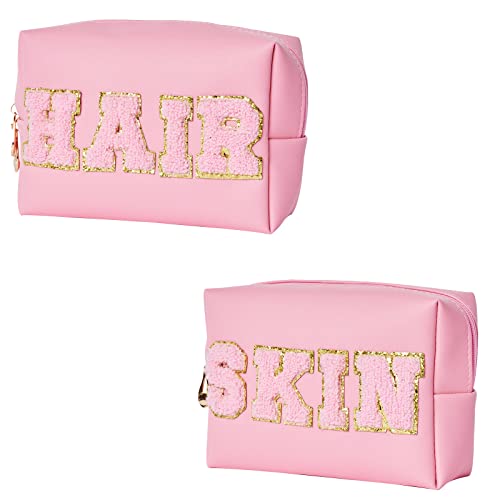 Burskit Preppy Patch Hair & Skin Travel Bag Portable Makeup Bags Bulk Pu Leather Cosmetic Waterproof Organizer Zipper Pouch Storage Purse For Women Girls Gift (Pink) #TOP13
