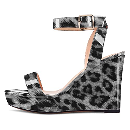 Image of Aachcol Women Platform Wedge Sandals Round Peep Open Toe Ankle Strap Slingback Two-Piece Chunky Block High Heel Dress Shoes Pumps Party Patent 4 Inch