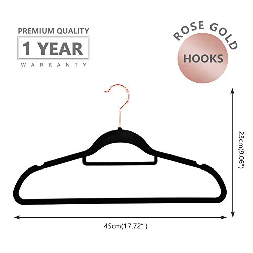 Image of MIZGI Premium Velvet Hangers (Pack of 50) - Heavy Duty Non Slip - Clothes Hangers Black - Copper /Rose Gold Hooks, Space Saving Suit Hangers with Accessory Bar