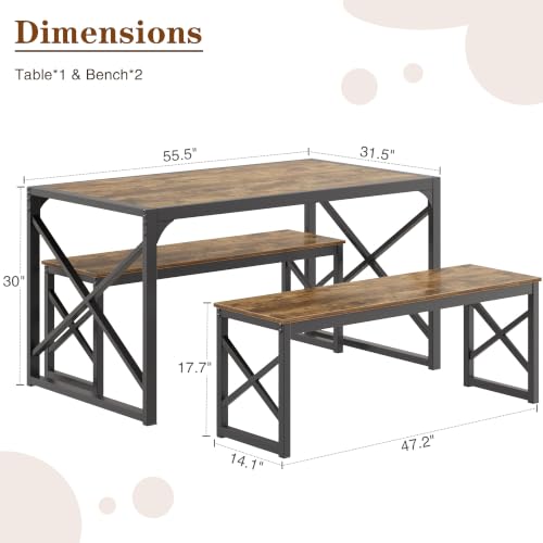 Image of VECELO 55 inch Kitchen Dining Table Set for 4, Heavy-Duty Steel Frame & Wood-Grain Tabletop, Space-Saving Dinette Sets with 2 Benches for Breakfast Nook and Small Space, Brown