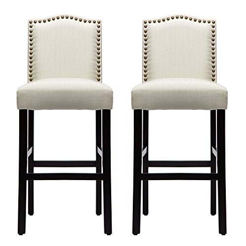 Nobpeint Nail Head Studded Fabric Backed Bar Stools 29 Inch Set Of 2, Beige #TOP1