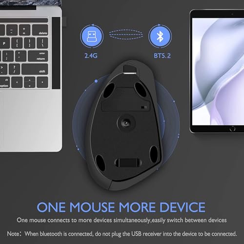 Wowssyo ergonómico Ratón Vertical inalámbrico 2.4G, Bluetooth Ratón Recargable para Windows y Mac OS, óptico, 800/1200/1600 dpi, 5 Botones - Negro - imagen 3