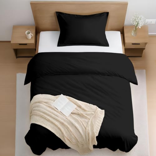 Kotton Culture Pre Washed Microfiber 2 Pc Twin Size Duvet Cover Set Ultra Soft Bedding, Lightweight & Breathable Set-Zipper Closure, 8 Corner Ties & 1 Pillow Sham, Wrinkle & Fade Resistant- Black