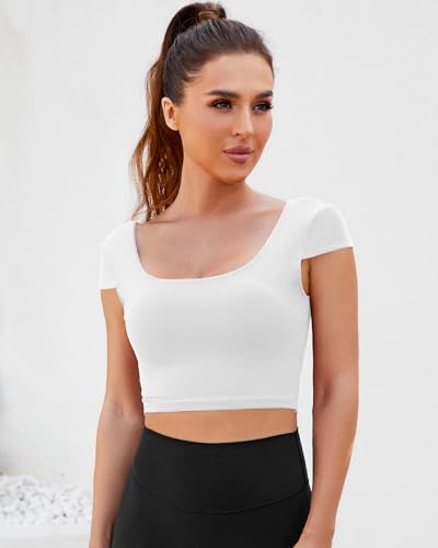 Image of DaiLiWei Open Back Workout Tops for Women Short Sleeve Longline Sports Bras Support Crop Tank Yoga Shirts with Built in Bra