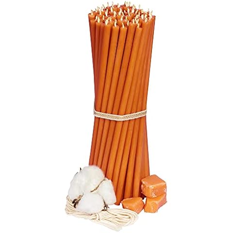 Ritual Candles Beeswax Candles Orange Pack of 50 Length 20.5 cm Diameter 6.6 mm Burn Time 80 Min; Natural, Drip , Smokeless Thin Church Quality Made from Beeswax No. 60 Cover