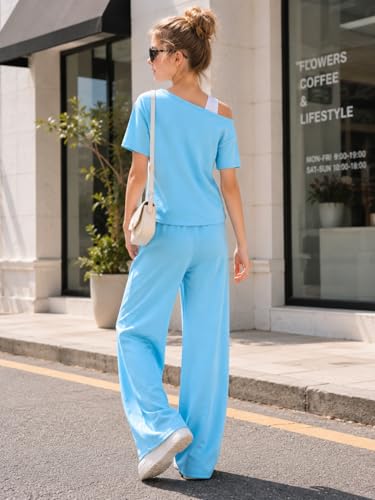 Image of Teen Girls Clothes Off the Shoulder Top and Wide Leg Pants Matching Outfit Set with Pockets Size 7-16