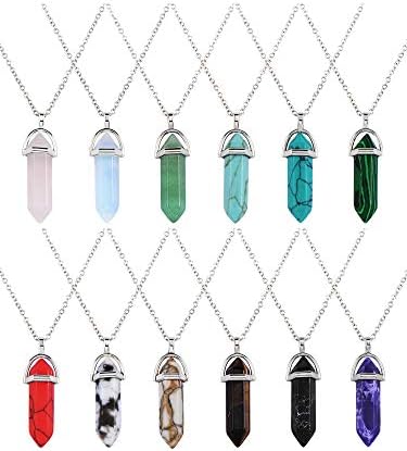 12 Pieces Hexagonal Chakra Crystal Bullet Shape Gemstone Pendant Necklaces Pointed Quartz Stone Chain Necklaces Artificial Stone with Storage Bag