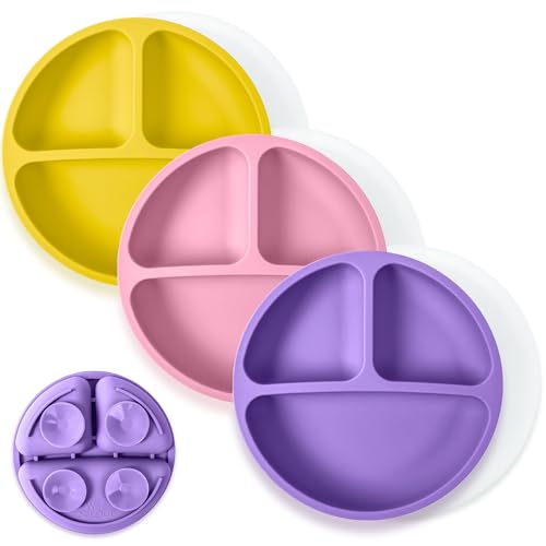 Image of WeeSprout Suction Plates with Lids for Babies & Toddlers - 100% Silicone, Dinnerware Stays Put, Divided Design for Picky Eaters, Microwave & Dishwasher Friendly, 3 Pack