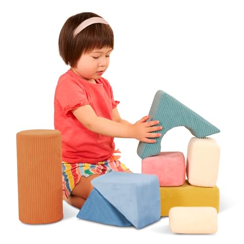B. toys – Sensory Foam Building Blocks for Kids – 8– Pieces Textured Stacking Toys for Babies 6– 12 Months – Soft Geometric Shapes with Tactile Fabric Cover – Foam Blocks for Toddlers