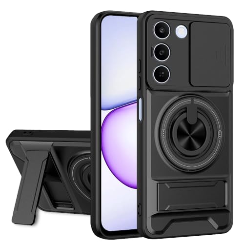 Image of AESTMO Realme C83 5G / Realme P4 Lite 5G Back Cover | Armor Camera Slider 360 Degree Rotating Finger Ring Holder Case with Bracket Stand & Camera Protection Back Case Cover (Black)