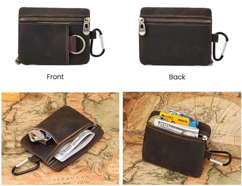 Men Genuine Top Grain Cow Leather Coin Purse with Key Ring & Clip. Retro Slim Minimalist Wallet Card Case (Coffee)2
