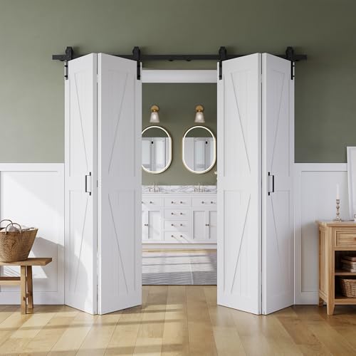 72" x 84" Bifold Sliding Barn Door, K Shaped Panel with Sliding Hardware Kit Set, Finished Closet Door Slab, 6.66FT Track for 4 Doors, MDF, White 72"(36"x2) x 84" White
