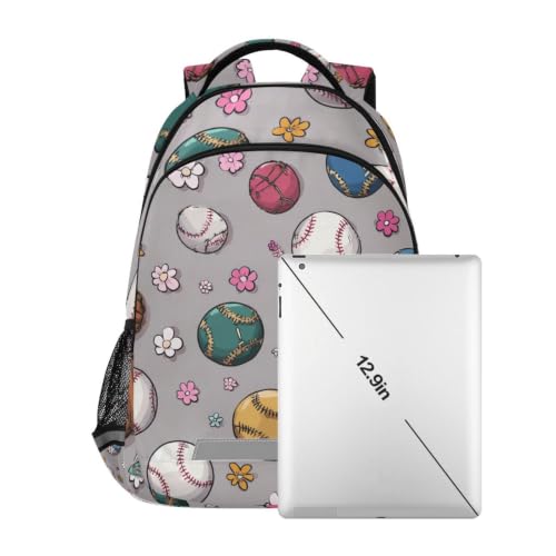 Sac à dos école imprimé baseball et fleurs roses résistant