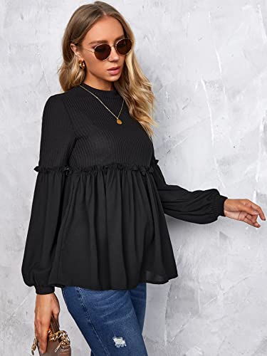 Makemechic Women's Maternity Peplum Top Ribbed Frill Trim Mock Neck Long Sleeve Pregnancy Shirt Black L #TOP2