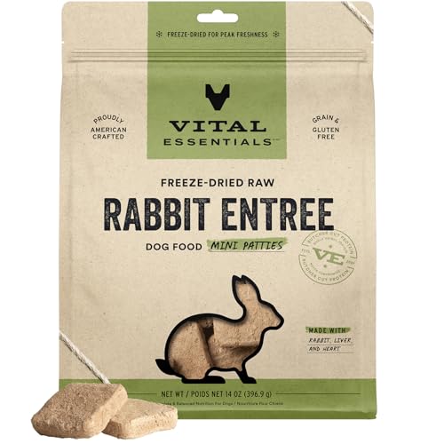Image of Vital Essentials Freeze Dried Dog Food, Rabbit Mini Patties, 14 oz Bag | Soft, Complete Meal or Topper, Made With 99% Rabbit, Organs & Bone, High Protein Raw Nutrition, Grain-Free Recipe
