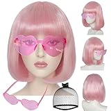 JoneTing Light Pink Bob Wig【+Hair Cap+Sunglasses】 Short Straight Light Pink Wig with Flat Bangs Women Light Pinky Cosplay Wigs Halloween Party Costume Outfit