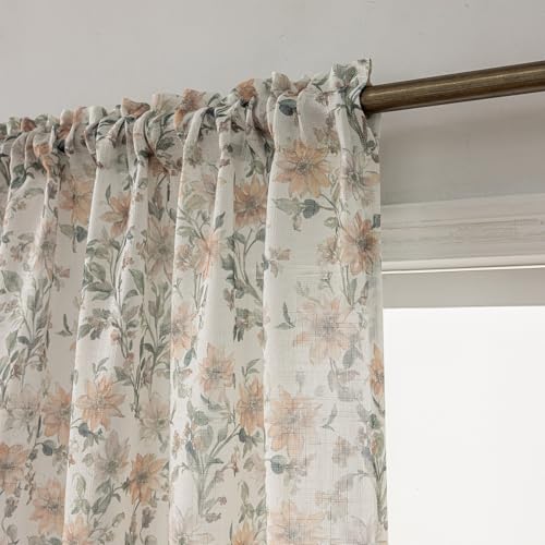 Image of SUOUO Brown Vintage Floral Semi Sheer Curtains Linen Textured for Living Room 96 inches Long Rod Pocket Window Drapes for Dining Bedroom 2 Panels