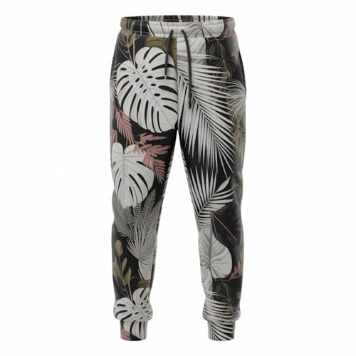 Mens 80s 90s Retro Printed Jogger Pants, Retro Leaf Pixel Art Comfortable Athletic Workout Trousers with Drawstring