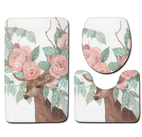 3 Teilig Badematte Set Hirsch Blume 3D Badematten Set rutschfest, Badezimmerteppich,U-förmiger WC-Vorleger,WC…