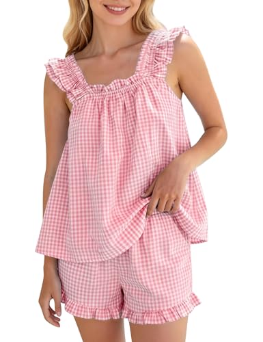 Image of COZYPOIN Womens Gingham Pajamas Set 2 Piece Plaid Cotton Sleepwear Cute Sexy Ruffle Cami and Shorts Summer Outfits Bridal Pjs(Pink-L)