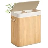 SONGMICS Panier à Linge 100 L, Corbeille Linge Sale 2 Compartiments de Tri, Couvercle, en Bambou, Poignées, Pliable, Sac Amovible Lavable en Machine, pour Buanderie, Chambre, Couleur Boisée LCB074Y01
