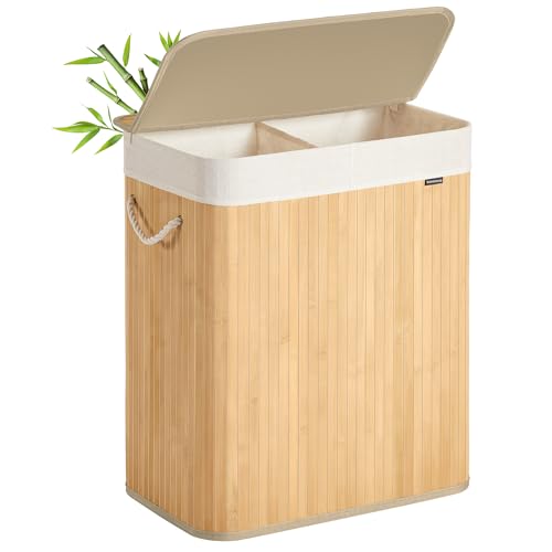 SONGMICS Panier à Linge 100 L, Corbeille Linge Sale 2 Compartiments de Tri, Couvercle, en Bambou, Poignées, Pliable, Sac Amovible Lavable en Machine, pour Buanderie, Chambre, Couleur Boisée LCB074Y01