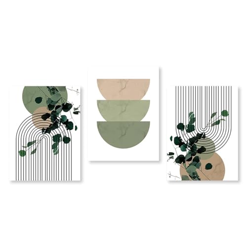 3 piezas Boho Green Plants Leaf Wall Art Posters Abstract Geometry Lines Canvas Painting Print Picture Living Room Home Decor 40x65cm (16x26in) x3