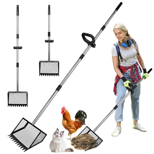 Chicken Poop Scooper and Rake with Ergonomic Handle 2 in 1 Large Metal Chicken Coop Scoop for Poop with Adjustable Stainless Steel Pole Sand Sifting Shovel for Chicken Coop Accessories