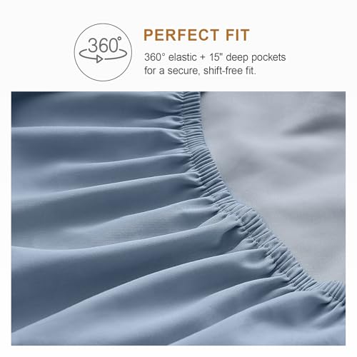 Warmstar 100% Cotton Twin Sheet Set,600 Thread Count Cotton Bed Sheets Sateen Soft Cotton Twin Size Sheet Set Deep Pocket, 4 Pc Bed Sheet Set -1 Flat Sheet, 1 Fitted Sheet,2 Pillowcases,Denim Blue by Warmstar - Image 8