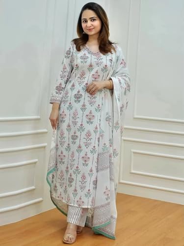 Pinkmint Women's Hevy Cotton Blend White Kurta Set L Stitched Printed Dupatta Set L Stylish Women Festival Dress (Pack Of 1)