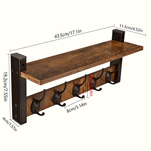 Homode Wall Hooks With Shelf, Wood Coat Rack With Shelf Wall-Mounted, Entryway Hanging Shelf With 5 Metal Hooks For Clothes Hats Towel Purse Robes, Bathroom Mudroom Bedroom, Rustic Brown Black #TOP6