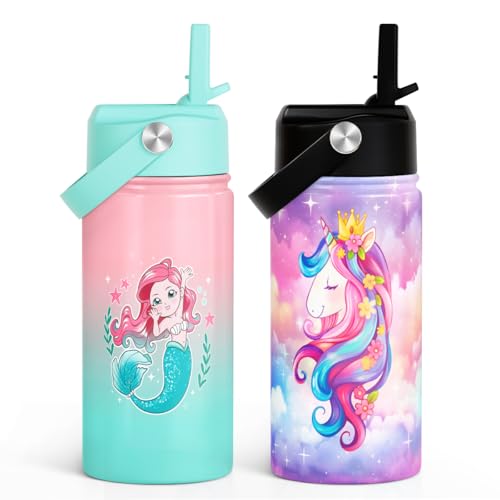Image of SANDJEST Kid Water Bottle 12oz with Straw Lid - 2-Pack Insulated Stainless Steel Water Bottles for Kids Girls - Travel Cup for Back to School Sports Christmas Birthday (Unicorn & Mermaid)