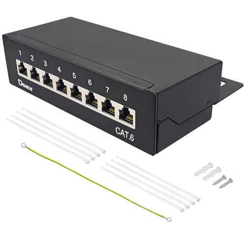 DENEXT CAT6 Patchpanel 8 Port Verteilerfeld Desktop & Wandmontage - Geschirmt - 8x RJ45 Buchse - LSA Verteilerfeld für Gigabit-Netzwerk-Switch