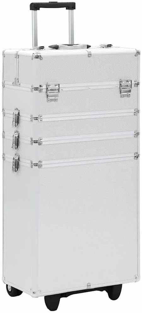 vidaXL Make-up Trolley Luggage Cosmetic Toiletry Beauty Case Trolley Storage Makeup Suitcase with Detachable Casters Extendable Trays Aluminum Silver