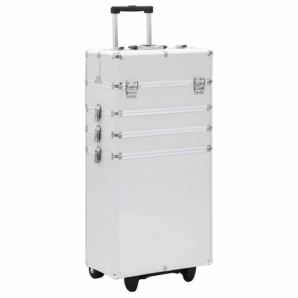 Kosmetikkoffer mit Rollen, Reise-Beauty-Case mit ausziehbaren Ablagen, Frisierkoffer Aluminium, 37 x 22 x 78 cm, Silber