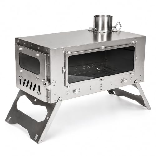Portable Titanium Tent Stove with Chimney | Lightweight 2.1 kg Design, Folding Legs, Six 32 cm Chimney Sections, Adjustable Airflow for Camping and