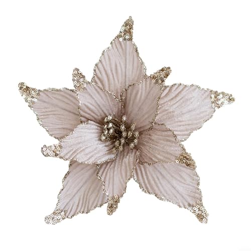 EpheyFIF Fleurs de poinsettia artificielles de Noël, 25 cm, poinsettia artificielles à paillettes, décoration de sapin de Noël à suspendre (champagne)