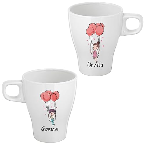 Coppia di Tazze Mug 25cl. in Gres Bianco Personalizzate con Nomi Prima Colazione Felice Idea Regalo Natale Compleanno Coppia Fidanzati Festa Innamorati Originale The Tisana Latte Spremuta Caffè