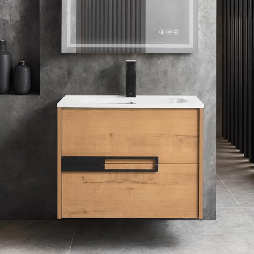 Blossom All-Wood Wall-Mounted Bathroom Vanity with SMC Sink, Floating Design with Soft-Close Drawers, Space-Saving Storage Solution for Modern Bathrooms, Classic Oak - 24-Inch