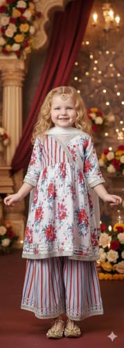 Image of A.T.U.N. (ALL THINGS UBER NICE) Girls 100% Cotton Printed Kurti, Sharara & Dupatta Set | Traditional Indian Clothing for Kids | Soft Breathable Fabric Comfortable Outfit Set