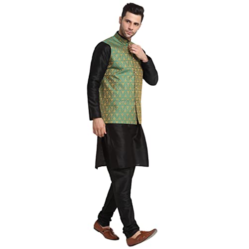 Image of KRAFT INDIA Mens Gold Silk Blend Kurta and Churidar Set With Jacquard Paisley Nehru Jacket
