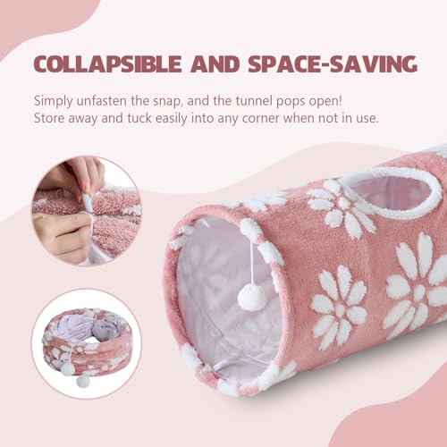 Image of Straight Cat Tunnel for Indoor Cats 47 inchx12 inch, Cute Cat Toys Collapsible Tunnel Tube with Balls for Puppy Kitten Rabbit, Pink Flower