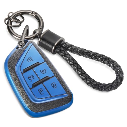 Image of Key Fob Cover for Cadillac escalade, Braided Loop Keychain, Blue | Wear-resistant TPU shell, short PU braided loop, daily splash, scratch and drop protection, normal signal use, easy setup