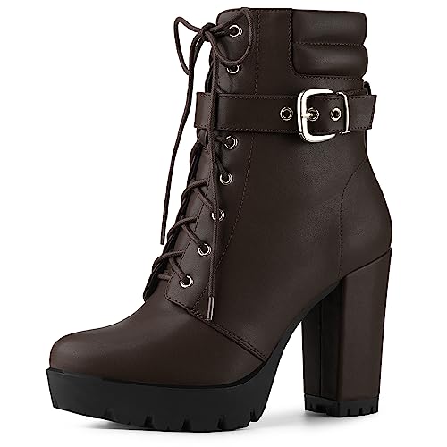 Image of Allegra K Women's Platform Buckle Lace Up Block Heel Ankle Boot Coffee 7 UK/Label Size 9 US