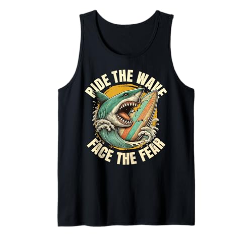 Shark and surfing. Ride the wave. Face the fear. Tank
