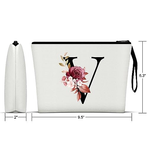 Image of Vavabox A-Z Personalized Makeup Bag, Birthday Gifts for Women Mom, Gifts for Best Friend, Bride Bridesmaid Cosmetic bag (V, 01-White)