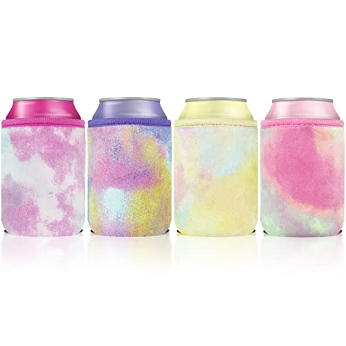 BAGnoREGio 4-Pack Tie Dye Faux Fur Neoprene Beer Can Cooler Sleeves, Plush Velvet 12oz Soda Cans Beverage Insulated Coolers (Rainbow Multi color)