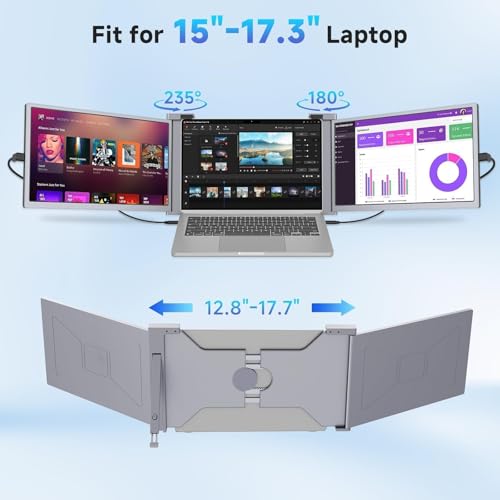 Image of Laptop Screen Extender, 15 inch 1080P IPS FHD Triple Monitor for 15 inch-17.3 inch Laptops, Plug & Play Portable Monitor Extender with USB-C /HDMI /USB-A for Mac /Windows /Chrome /Android,Gray